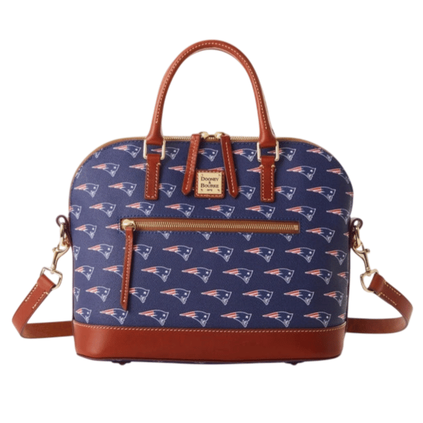A Dooney & Bourke handbag featuring a New England Patriots logo pattern, with brown leather accents, dual handles, and a detachable shoulder strap.