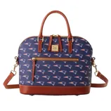 A Dooney & Bourke handbag featuring a New England Patriots logo pattern, with brown leather accents, dual handles, and a detachable shoulder strap.