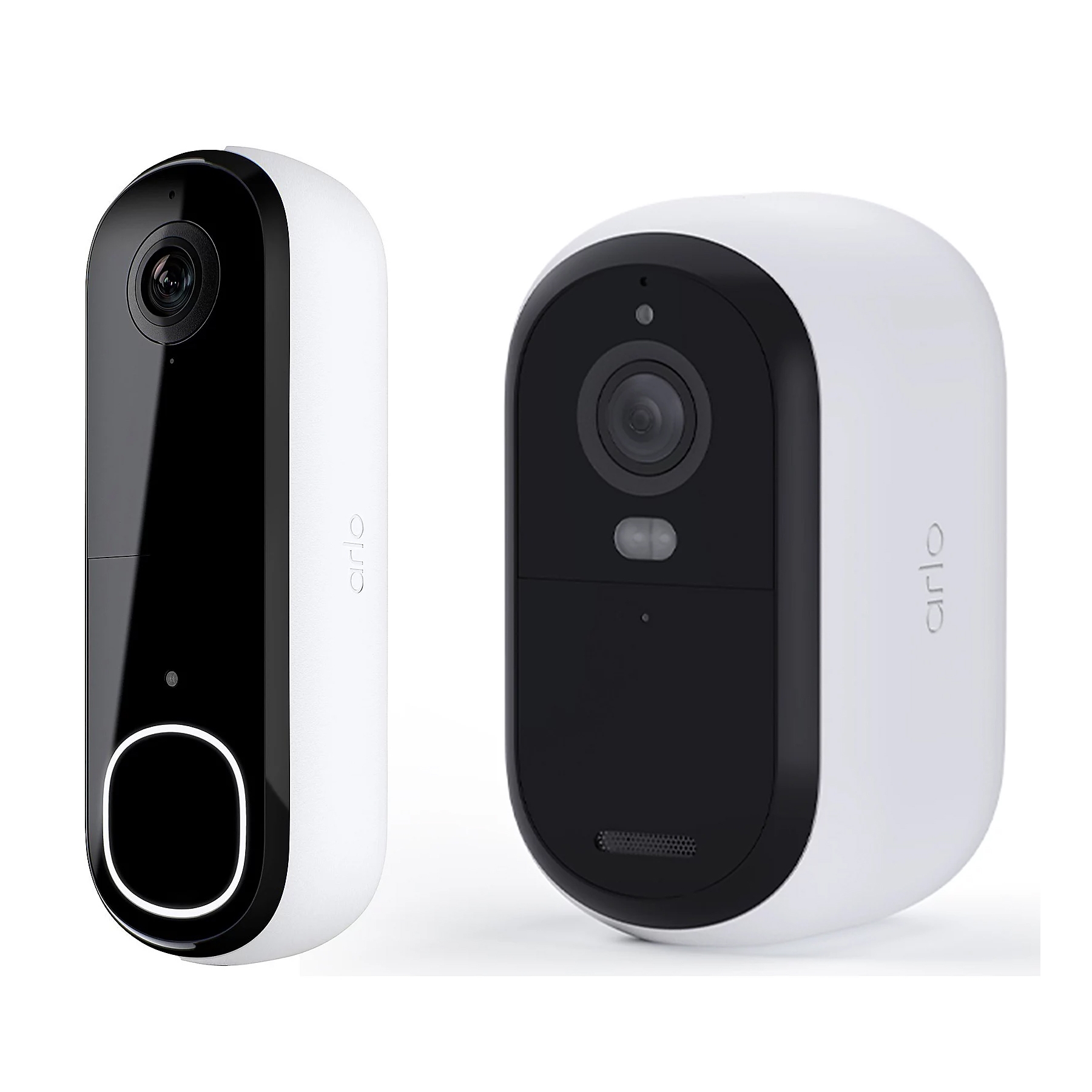 Arlo Video Doorbell and Indoor Camera are shown. The doorbell is vertical with a white and black design, featuring a camera and button. The indoor camera is oval, primarily white with a black front, and includes a lens and sensor.