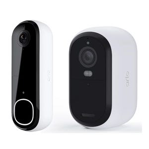 Arlo Video Doorbell and Indoor Camera are shown. The doorbell is vertical with a white and black design, featuring a camera and button. The indoor camera is oval, primarily white with a black front, and includes a lens and sensor.