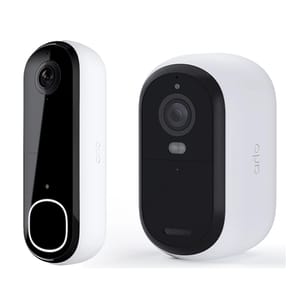 Arlo Video Doorbell and Indoor Camera are shown. The doorbell is vertical with a white and black design, featuring a camera and button. The indoor camera is oval, primarily white with a black front, and includes a lens and sensor.