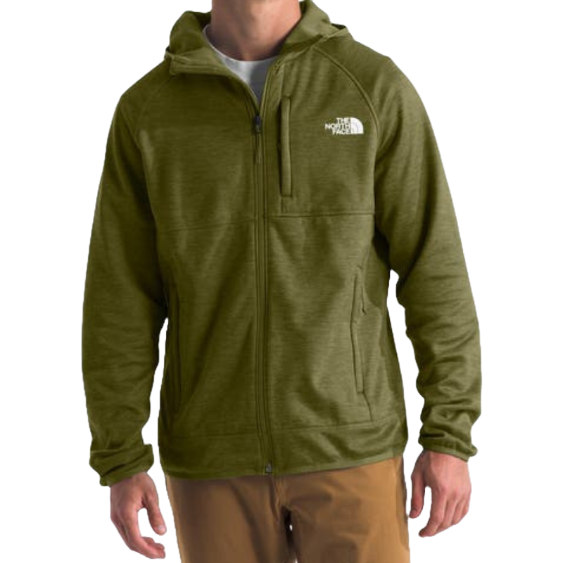 The North Face Men's Hooded Jacket is olive green with a full zip front, chest pocket, side pockets, and features the brand's logo on the chest. It has a casual fit and includes a hood for added protection.