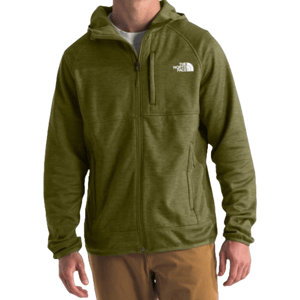 The North Face Men's Hooded Jacket is olive green with a full zip front, chest pocket, side pockets, and features the brand's logo on the chest. It has a casual fit and includes a hood for added protection.