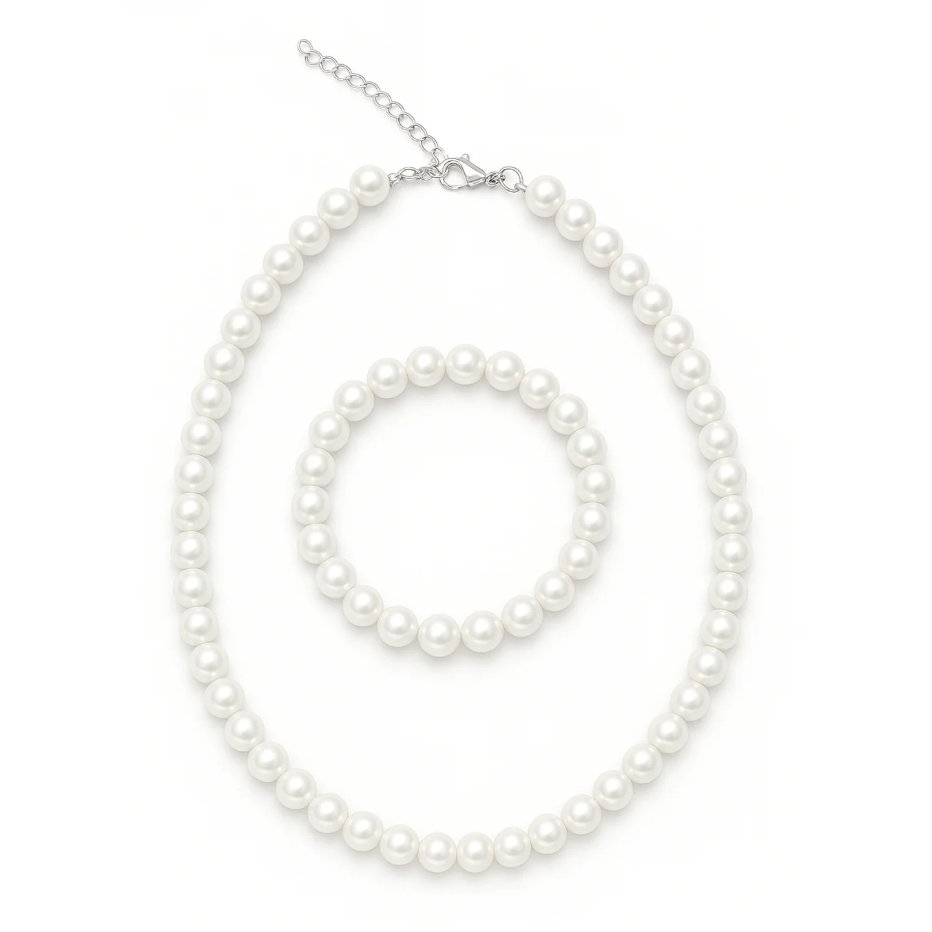 A pearl necklace and bracelet set featuring round white pearls with a lobster clasp and adjustable chain.