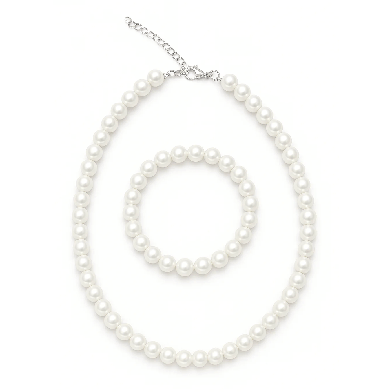 A pearl necklace and bracelet set featuring round white pearls with a lobster clasp and adjustable chain.