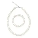 A pearl necklace and bracelet set featuring round white pearls with a lobster clasp and adjustable chain.