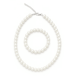 A pearl necklace and bracelet set featuring round white pearls with a lobster clasp and adjustable chain.