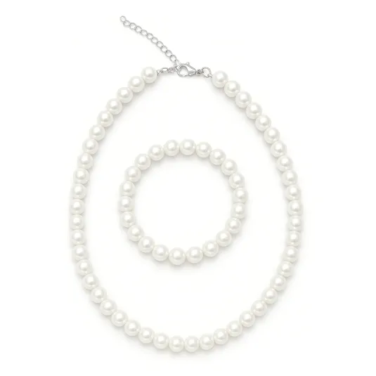 A pearl necklace and bracelet set featuring round white pearls with a lobster clasp and adjustable chain.