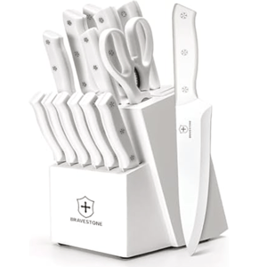 A 15-piece white knife set with a block, featuring various knives and kitchen scissors. The set includes knives for different purposes, all with matching white handles, and is branded with the name \“BRAVESTONE\“ on the block.