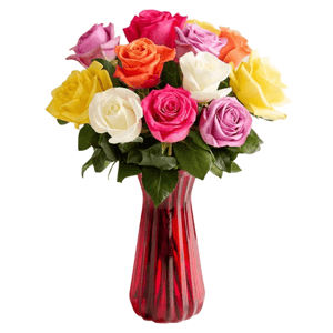 A bouquet of multicolored roses, including pink, orange, yellow, and white, arranged in a red vase.