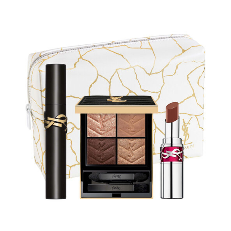 Makeup set with eyeshadow palette, mascara, lipstick, and a cosmetic bag featuring a white and gold marble design.