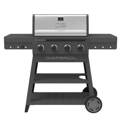 A Char-Broil gas grill with four control knobs, side tables, a thermometer gauge on the lid, and a wheeled base for mobility.