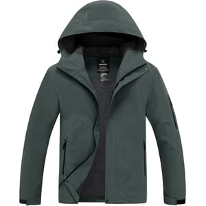 Green hooded jacket with zipper pockets.