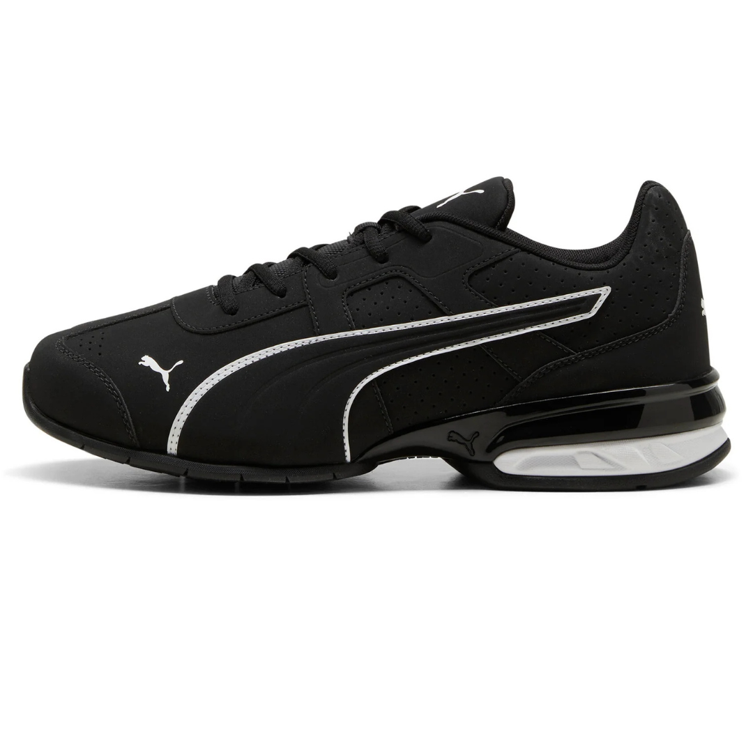 Black Puma Tazon 7 Evo Runners feature a sleek design with a perforated upper for breathability, white Puma logo accents, and a cushioned midsole for comfort.