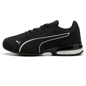 Black Puma Tazon 7 Evo Runners feature a sleek design with a perforated upper for breathability, white Puma logo accents, and a cushioned midsole for comfort.