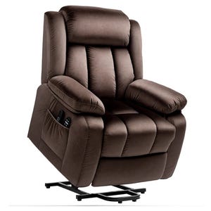 Brown upholstered recliner chair with lift-assist feature, padded armrests, and a built-in remote control for adjusting the seat position.
