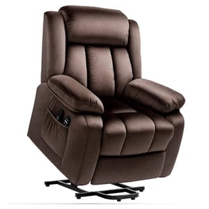 Brown upholstered recliner chair with lift-assist feature, padded armrests, and a built-in remote control for adjusting the seat position.