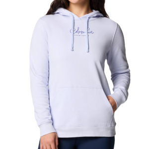 Columbia Trek Graphic Hoodie in light lavender features a drawstring hood, long sleeves, and a front kangaroo pocket. It has \“Columbia\“ printed on the front in a subtle script.