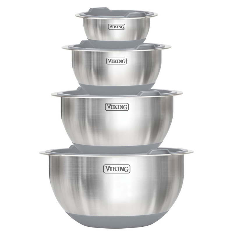 8pc Viking Bowl Set includes four stainless steel mixing bowls with measurement markings and non-slip bases. Each bowl has a matching plastic lid for storage, featuring a sleek design and the Viking logo.