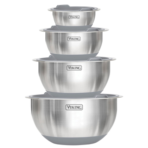 8pc Viking Bowl Set includes four stainless steel mixing bowls with measurement markings and non-slip bases. Each bowl has a matching plastic lid for storage, featuring a sleek design and the Viking logo.