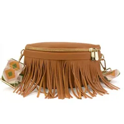 Brown leather bag with fringe detailing and a zip closure, featuring a detachable strap with a colorful geometric pattern.