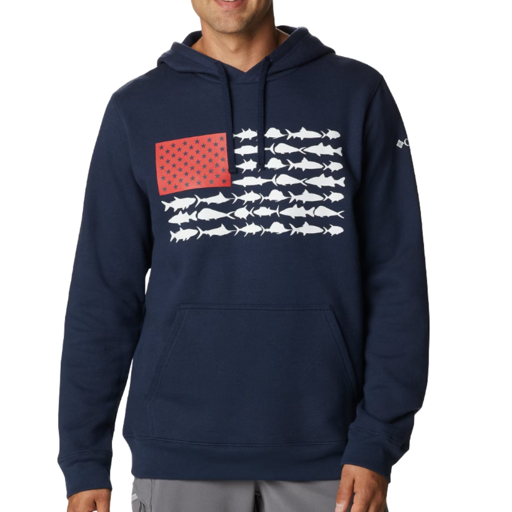 A navy hoodie features a unique flag design with white fish silhouettes and a red section with stars, resembling an American flag.