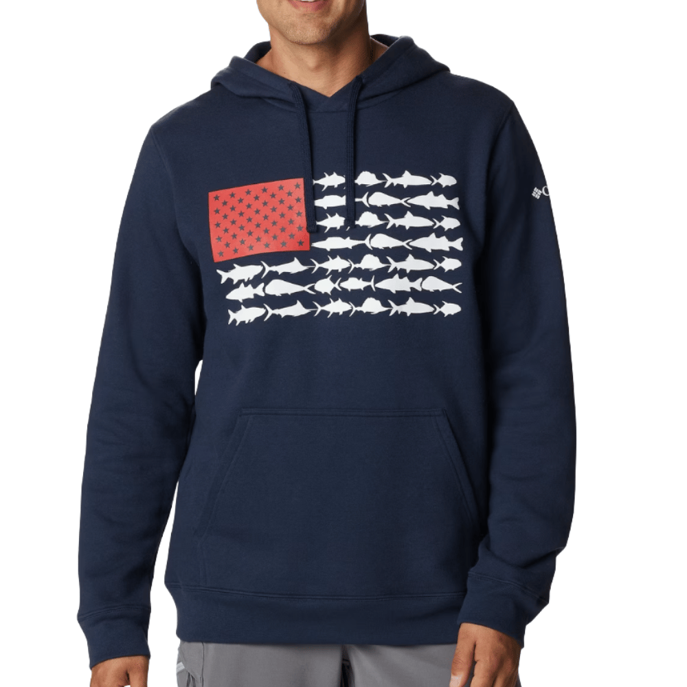 A navy hoodie features a unique flag design with white fish silhouettes and a red section with stars, resembling an American flag.