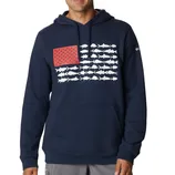 A navy hoodie features a unique flag design with white fish silhouettes and a red section with stars, resembling an American flag.
