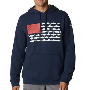 A navy hoodie features a unique flag design with white fish silhouettes and a red section with stars, resembling an American flag.