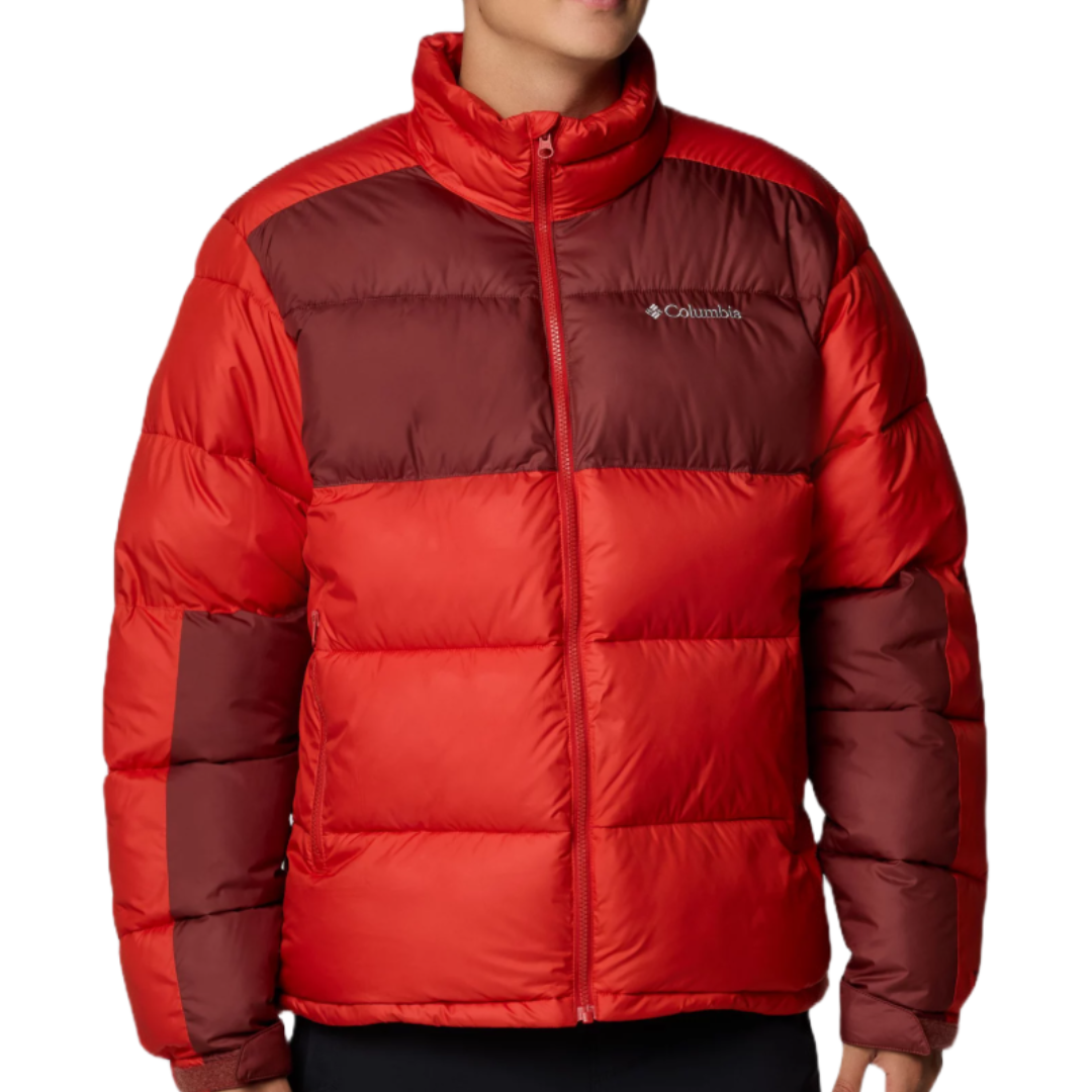 Columbia Pike Lake Insulated Jacket is a puffy, red and dark red two-tone winter coat with a high collar, designed for warmth. It features a quilted pattern and has a front zipper closure.