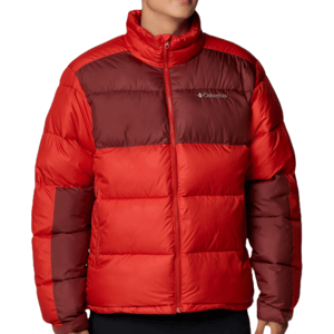 Columbia Pike Lake Insulated Jacket is a puffy, red and dark red two-tone winter coat with a high collar, designed for warmth. It features a quilted pattern and has a front zipper closure.