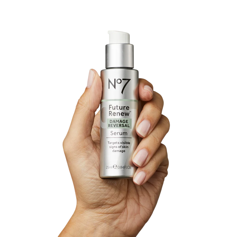 N°7 Future Renew Damage Reversal Serum, 25ml, targets visible signs of skin damage.
