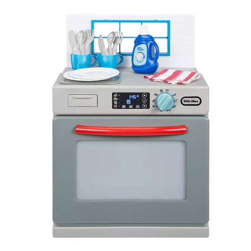 Toy kitchen set featuring an oven with control panel, red handle, utensils in blue cups, a detergent bottle, and a striped cloth on top.