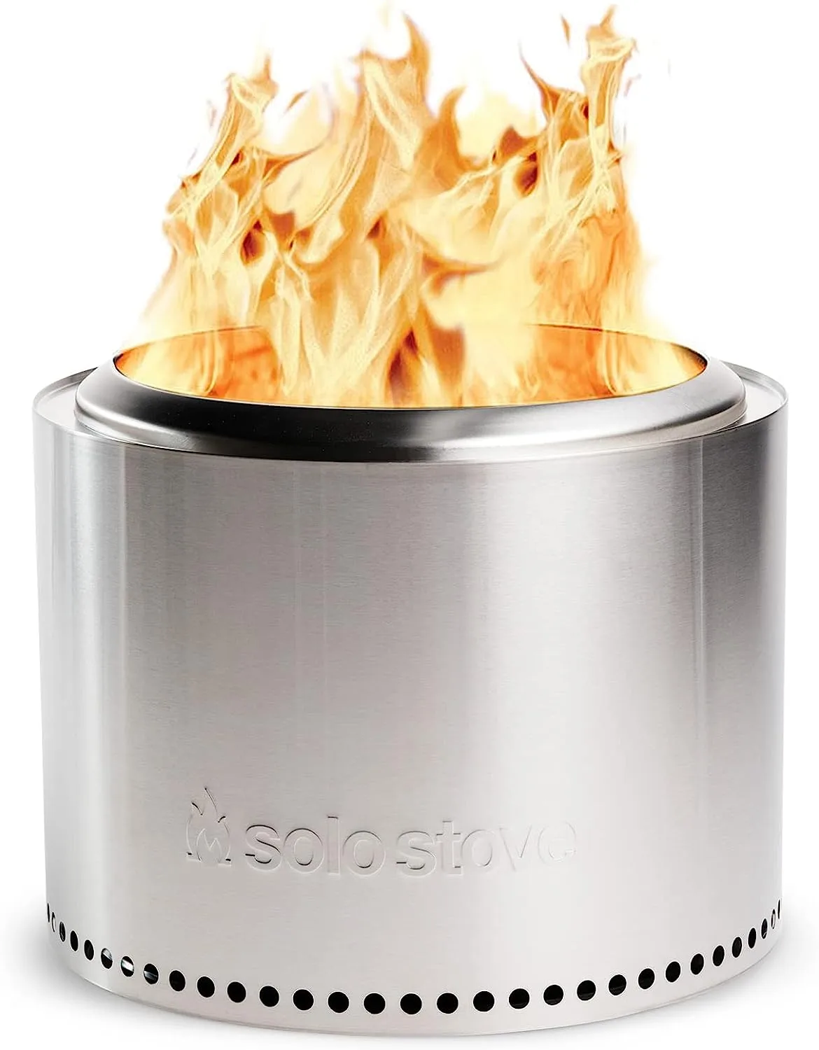A stainless steel portable fire pit with visible flames.