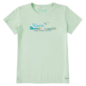 Light green T-shirt with a guitar-shaped graphic featuring a sun, sky, and birds. Below the graphic, \“Here Comes the Sun\“ is printed. Made by Life is Good.