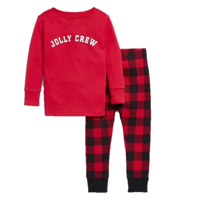 Red long-sleeve top with \“JOLLY CREW\“ text, paired with red and black checkered pajama pants.