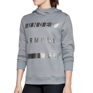 A light gray Under Armour ColdGear hoodie with metallic lettering and logo on the front, featuring long sleeves and a relaxed fit for warmth and comfort.