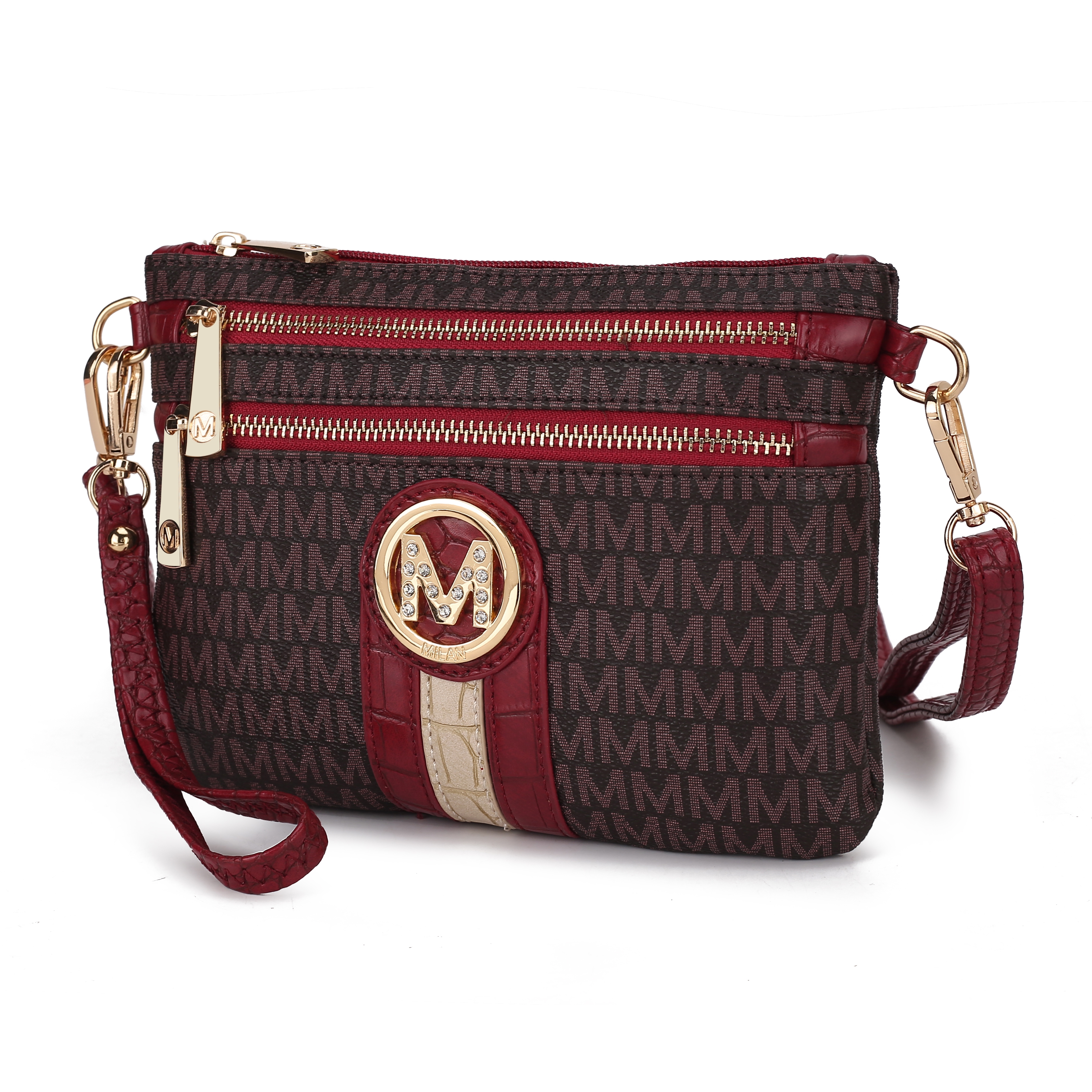 A stylish crossbody bag with a maroon and brown color scheme, featuring two front zippered pockets, a circular gold and rhinestone accent with an \“M\“ logo, and an adjustable strap.
