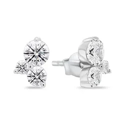Pair of stud earrings with three round, white gemstones set in a triangular formation on a metal base.