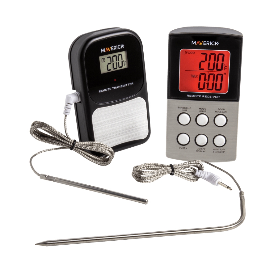 Wireless meat thermometer set with two probes, a remote transmitter, and a remote receiver displaying temperature and timer.