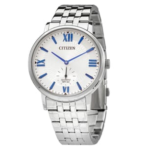 A Citizen watch with a silver metal band, white dial, blue Roman numeral hour markers, and quartz movement. Water-resistant up to 50 meters.