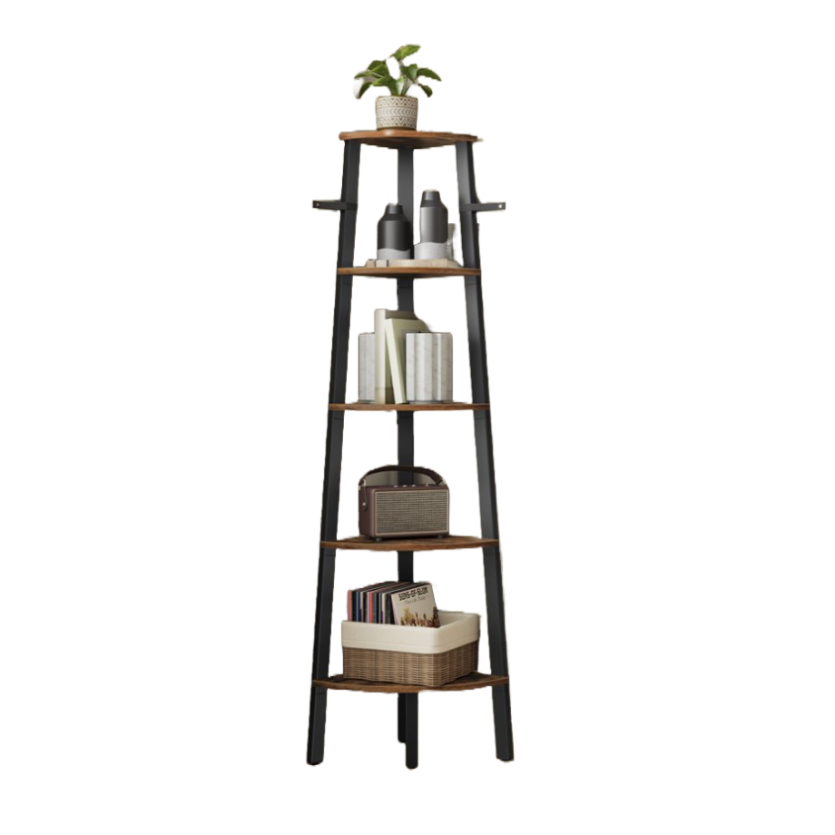 A tall, ladder-style bookshelf with five wooden shelves features various items, including a potted plant, drink containers, books, a vintage radio, and a basket filled with records.