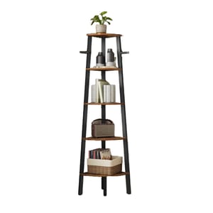 A tall, ladder-style bookshelf with five wooden shelves features various items, including a potted plant, drink containers, books, a vintage radio, and a basket filled with records.
