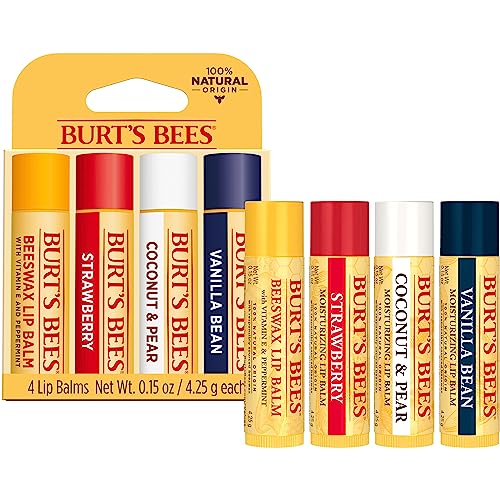 Burt's Bees Variety Pack: Beeswax, Strawberry, Coconut & Pear, and Vanilla Bean lip balms, each 0.15 oz.