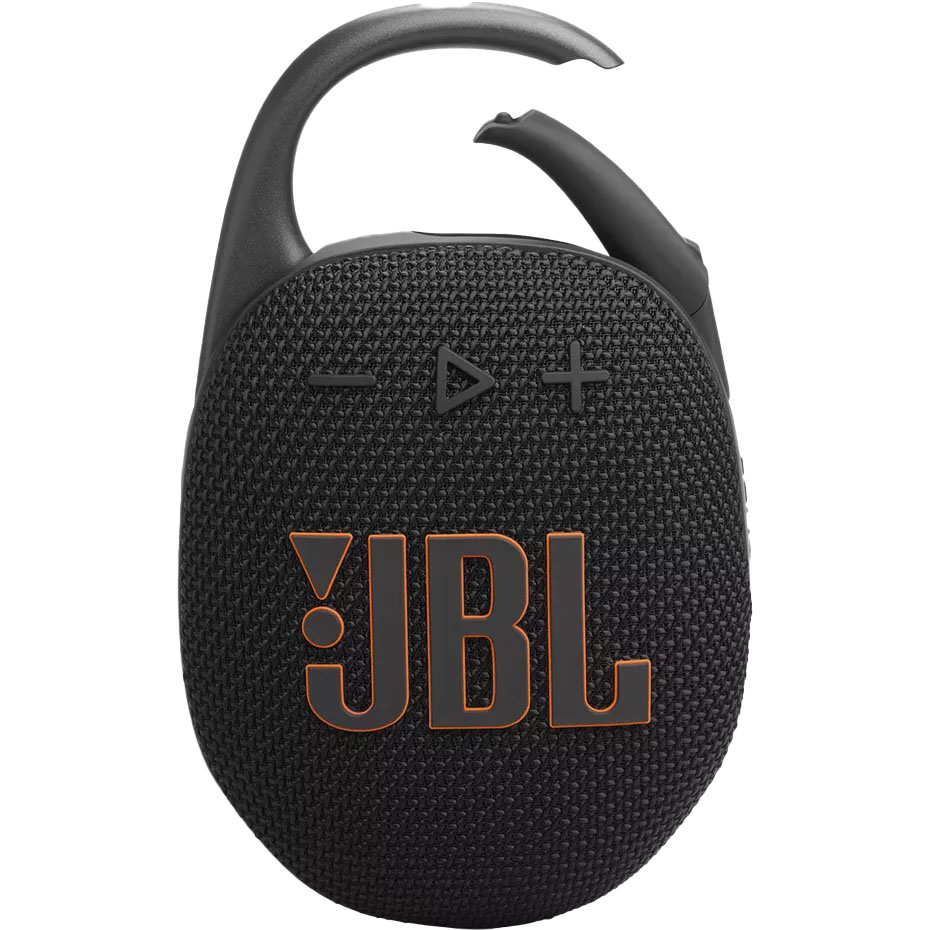 A black JBL portable speaker with an integrated carabiner, featuring volume control and play buttons on its fabric-covered front.