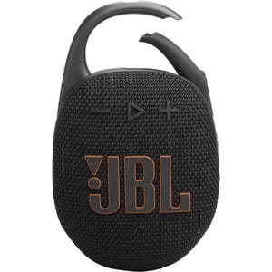 A black JBL portable speaker with an integrated carabiner, featuring volume control and play buttons on its fabric-covered front.