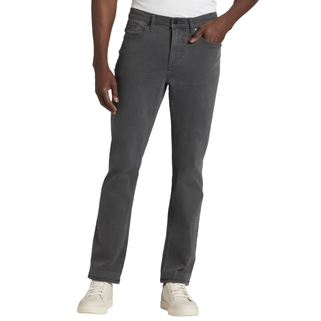 Gray jeans paired with white sneakers, featuring a classic five-pocket design and a straight fit.