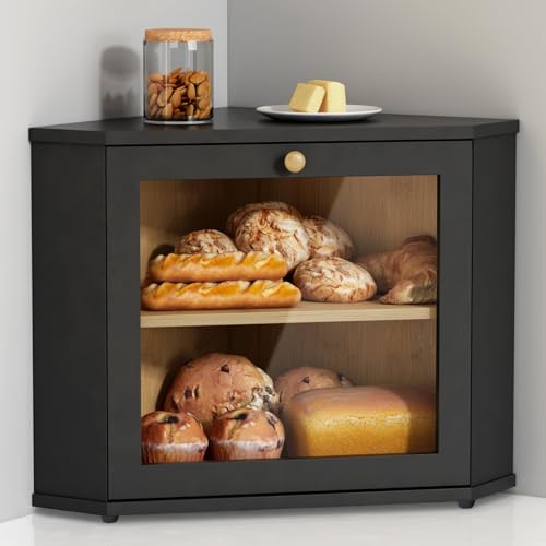 Corner cabinet with glass door displaying assorted bakery items like bread, pastries, and muffins. A jar of nuts and a plate with butter are on top.