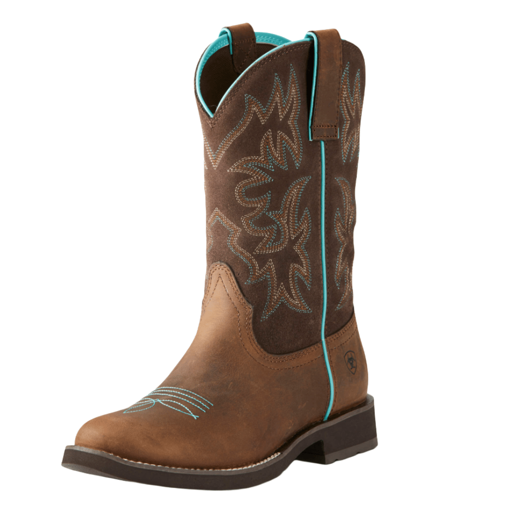 A brown Western-style cowboy boot featuring turquoise stitching and pull tabs, with a decorative pattern on the shaft and a sturdy sole.
