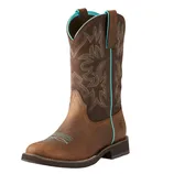 A brown Western-style cowboy boot featuring turquoise stitching and pull tabs, with a decorative pattern on the shaft and a sturdy sole.